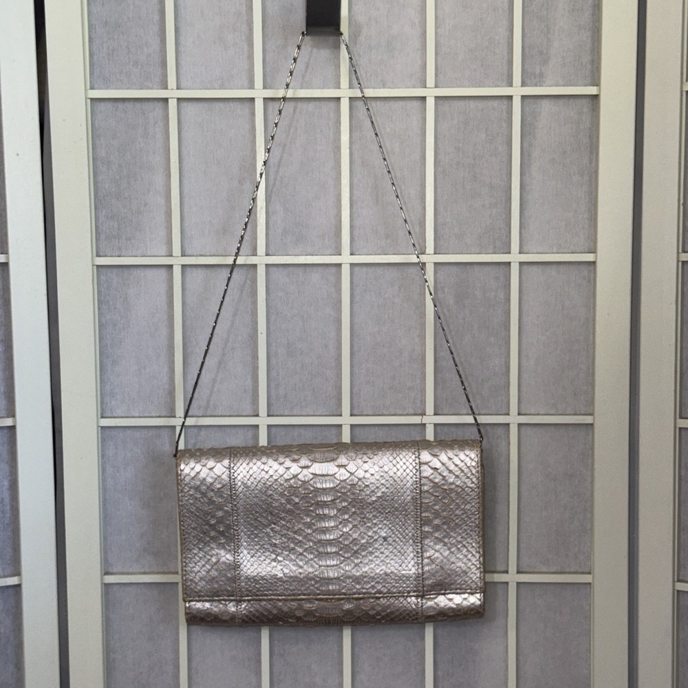 Carlos Falchi Clutch Metallic Leather Crossbody Envelope Chain Strap Purse Bag
